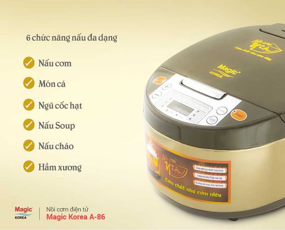 Nồi cơm điện tử Magic 1.8 lít A-86 có 6 chức năng nấu đa dạng